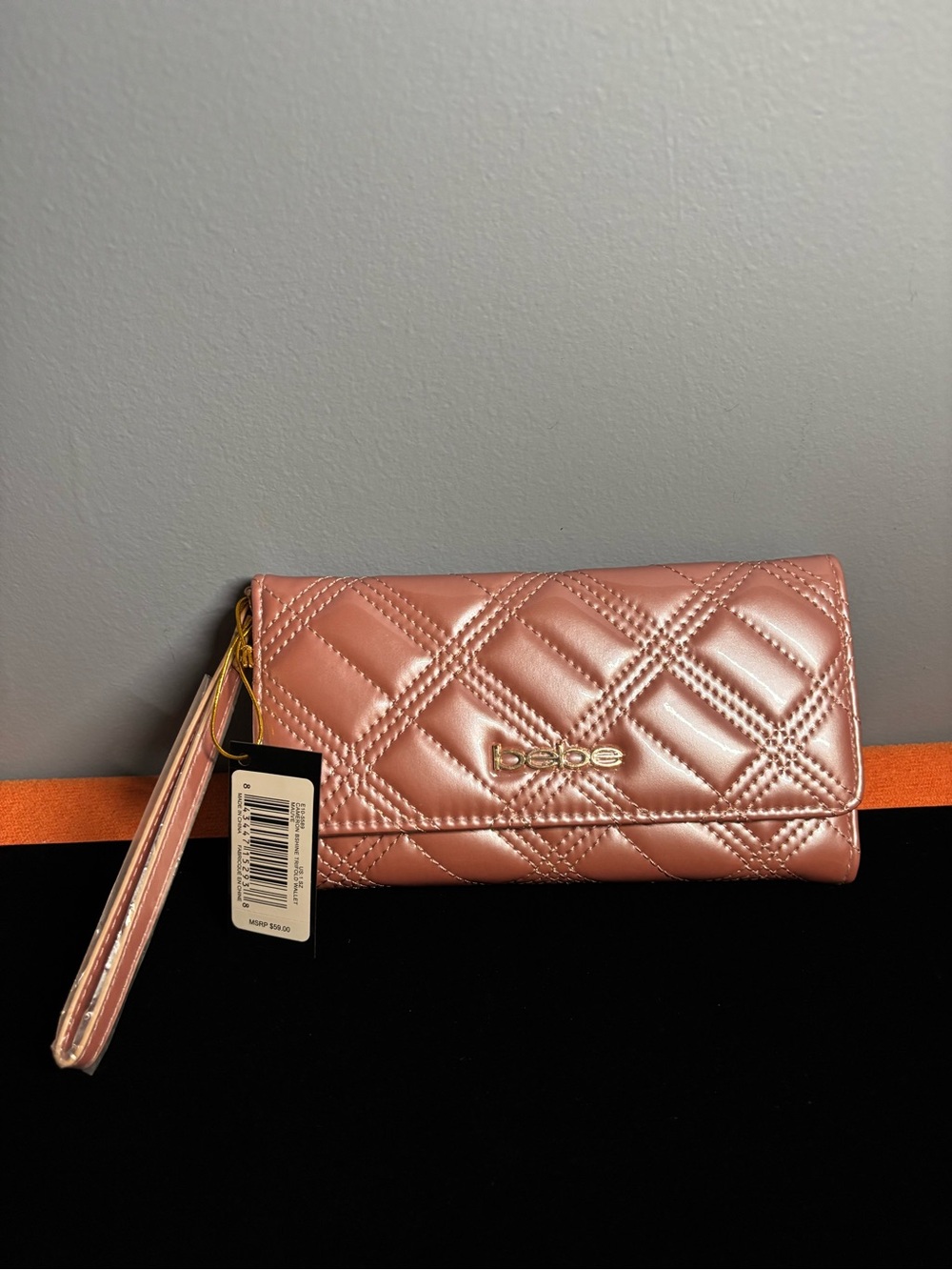 bebe Cameron Embossed Mauve Tri-Fold Wristlet Wallet